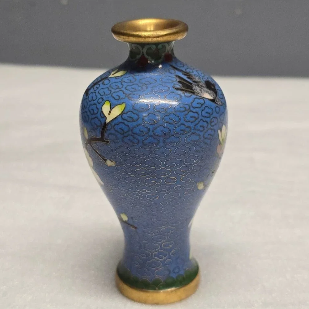 Cloisonne Cherry Blossom Flowers With Bird Blue Vintage Chinese Mini Vase